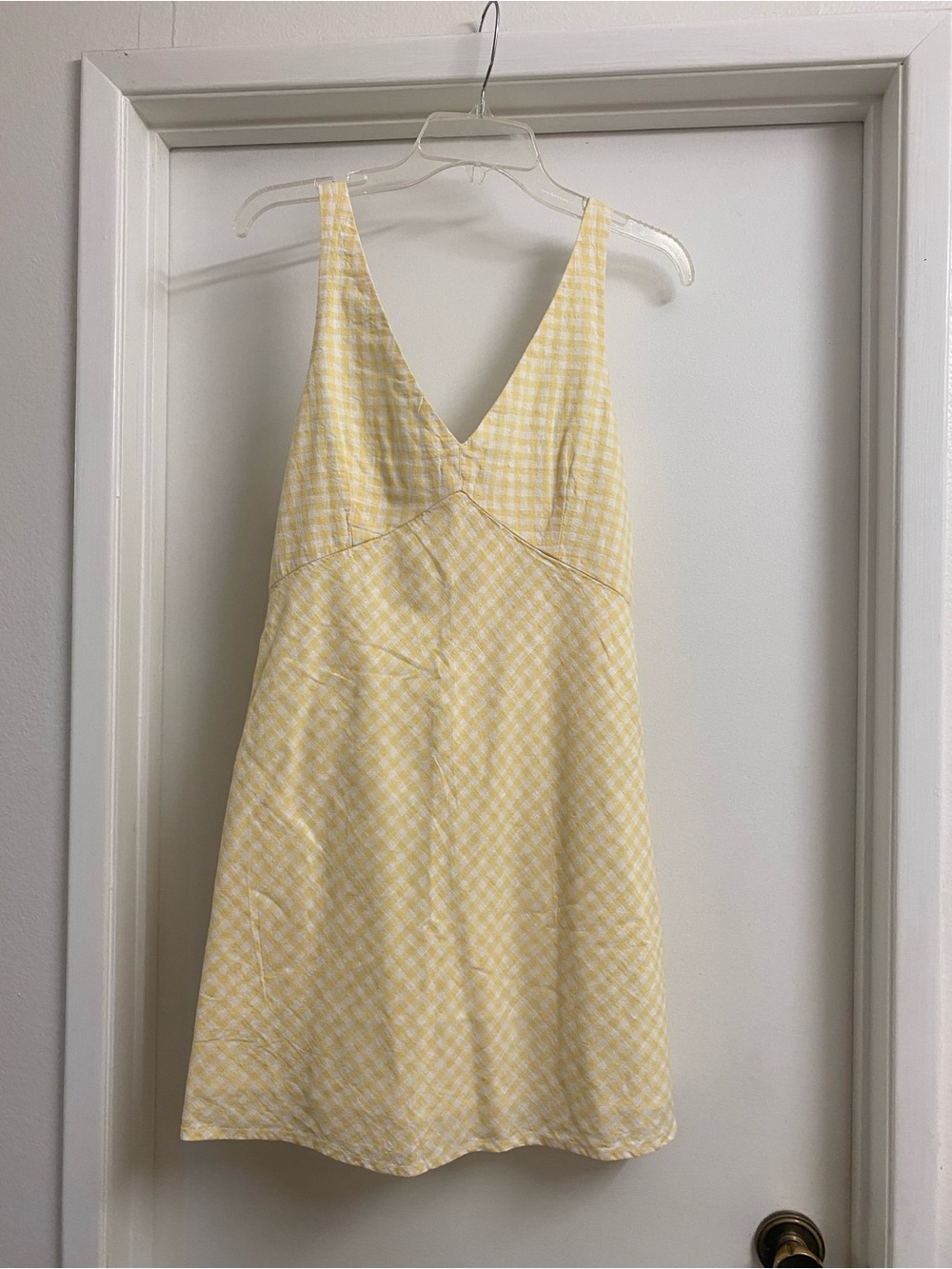 A&F Women’s Yellow Gingham V-Neck Linen-Blend Mini Dress, NEW w/tags, size M.
